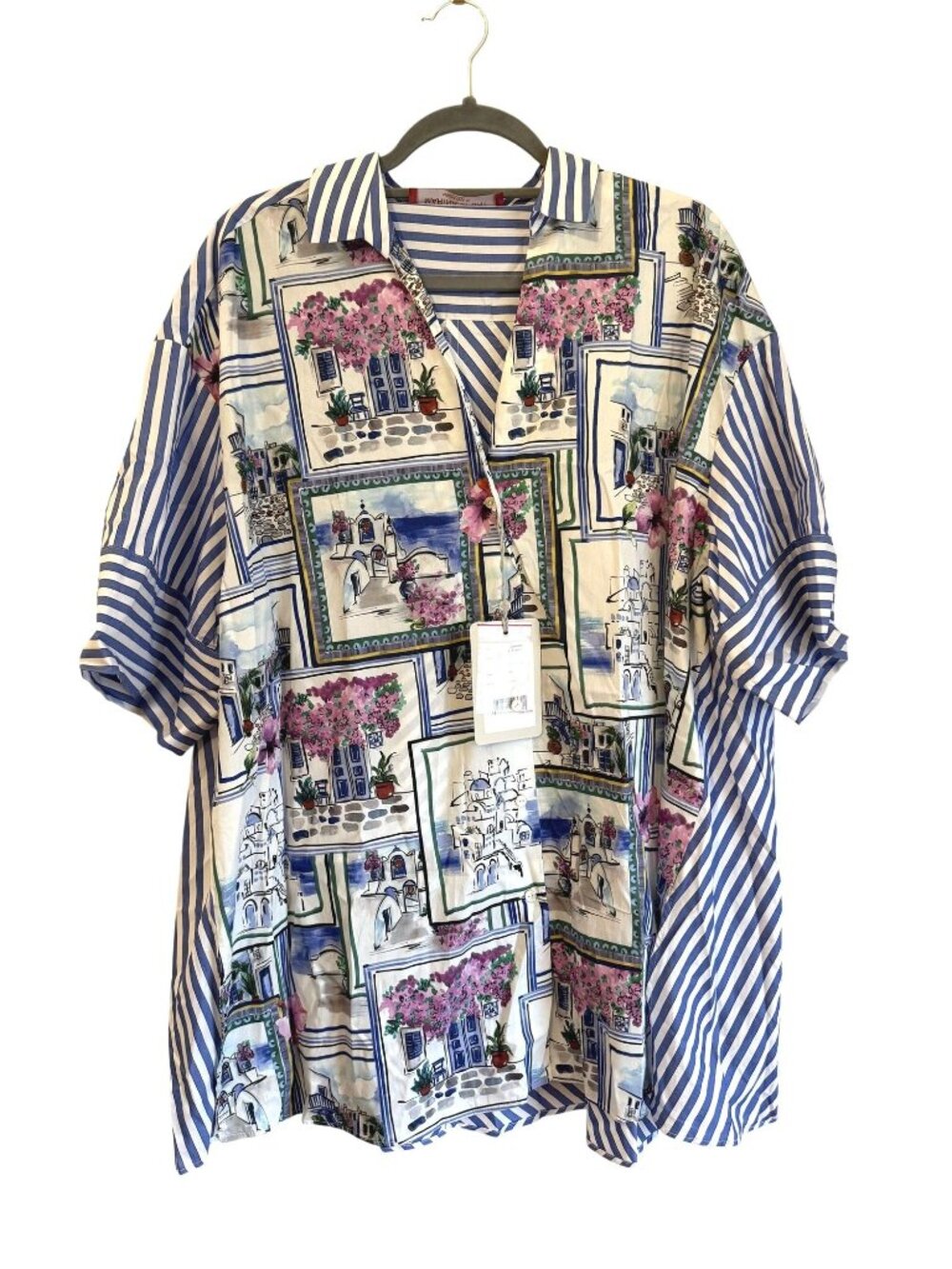 NWT Marina Rinaldi Short Sleeve Cotton Blouse Blue Stripe Size US 18 $295 [jb]